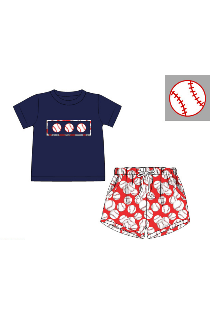 The Smocked Flamingo Apparel & Accessories Pre-Order Smocked Play Ball Navy/Red Short Set