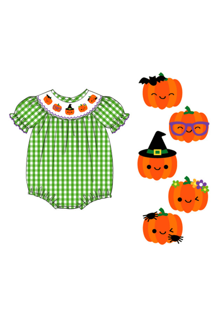 The Smocked Flamingo Apparel & Accessories Pre-Order Smocked Playful Pumpkins Green Seersucker Bubble