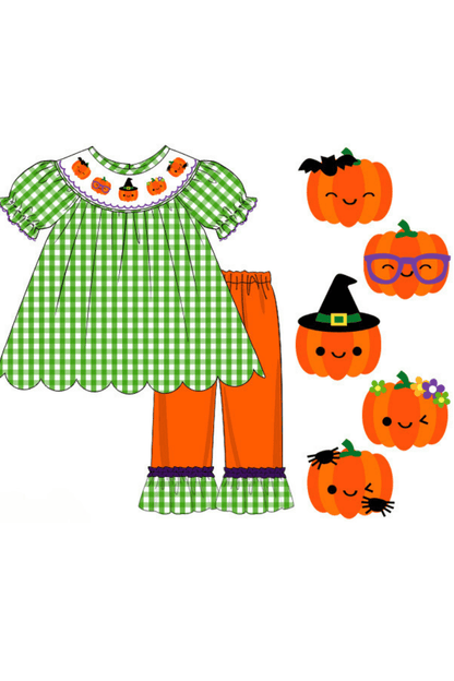 The Smocked Flamingo Apparel & Accessories Pre-Order Smocked Playful Pumpkins Green Seersucker Bubble