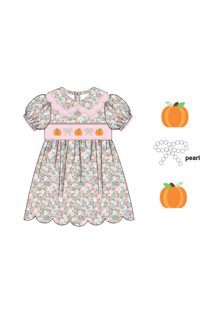 Smocked Pumpkin and Pearls Floral Dress 7
