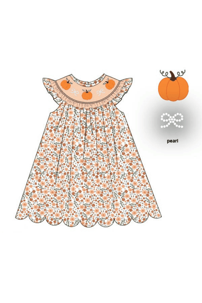 The Smocked Flamingo Apparel & Accessories Pre-Order Smocked Pumpkin and Pearls Harvest Floral Dress