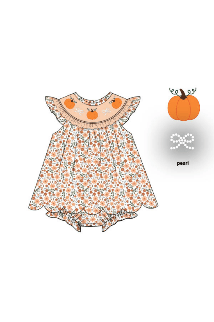 The Smocked Flamingo Apparel & Accessories Pre-Order Smocked Pumpkin and Pearls Harvest Floral Skirted Bubble