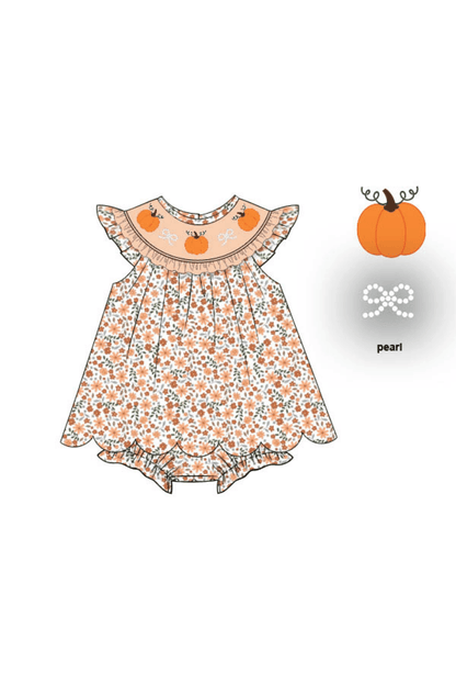 The Smocked Flamingo Apparel & Accessories Pre-Order Smocked Pumpkin and Pearls Harvest Floral Skirted Bubble