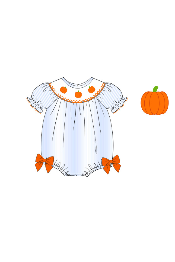 The Smocked Flamingo Apparel & Accessories Pre-Order Smocked Pumpkin Blue Pinstripe Bishop Bubble