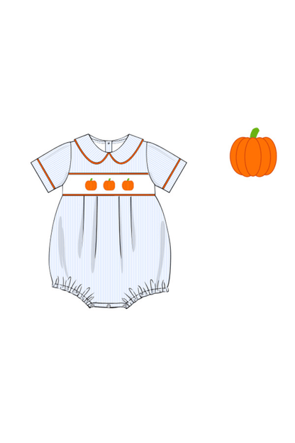The Smocked Flamingo Apparel & Accessories Pre-Order Smocked Pumpkin Blue Pinstripe Bubble