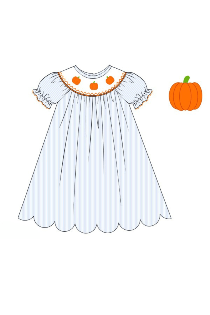 The Smocked Flamingo Apparel & Accessories Pre-Order Smocked Pumpkin Blue Pinstripe Dress