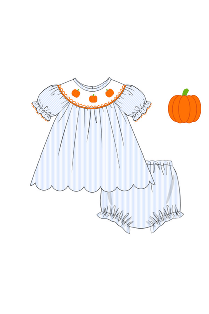 The Smocked Flamingo Apparel & Accessories Pre-Order Smocked Pumpkin Blue Pinstripe Scalloped Bloomer Set