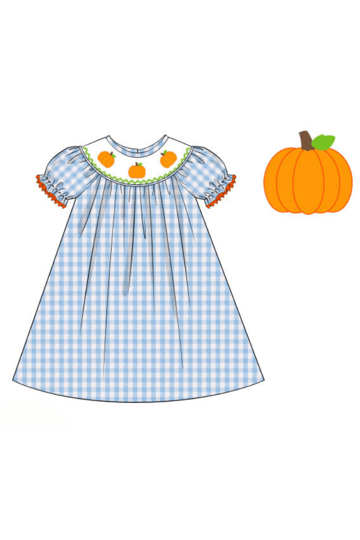 The Smocked Flamingo Apparel & Accessories Pre-Order Smocked Pumpkin Blue Seersucker Dress