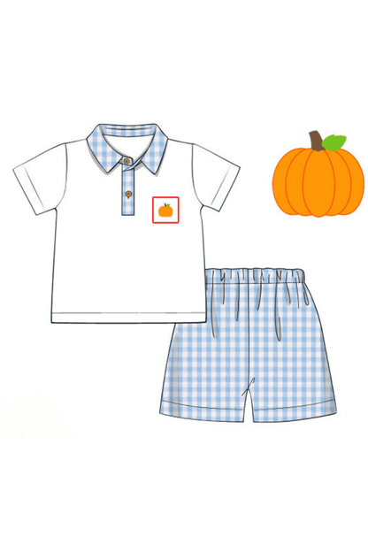 The Smocked Flamingo Apparel & Accessories Pre-Order Smocked Pumpkin Blue Seersucker Golf Short Set