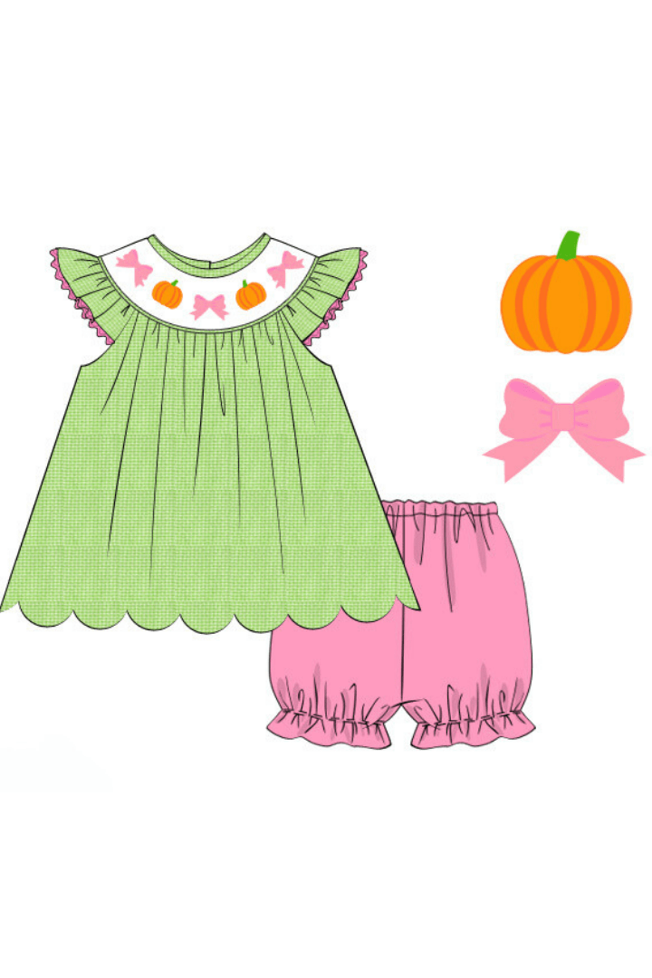 The Smocked Flamingo Apparel & Accessories Pre-Order Smocked Pumpkin Green Seersucker Bloomer Set