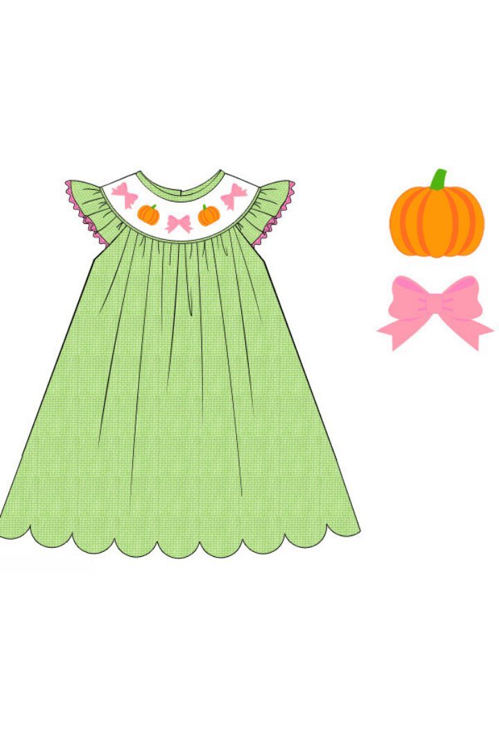 The Smocked Flamingo Apparel & Accessories Pre-Order Smocked Pumpkin Green Seersucker Dress