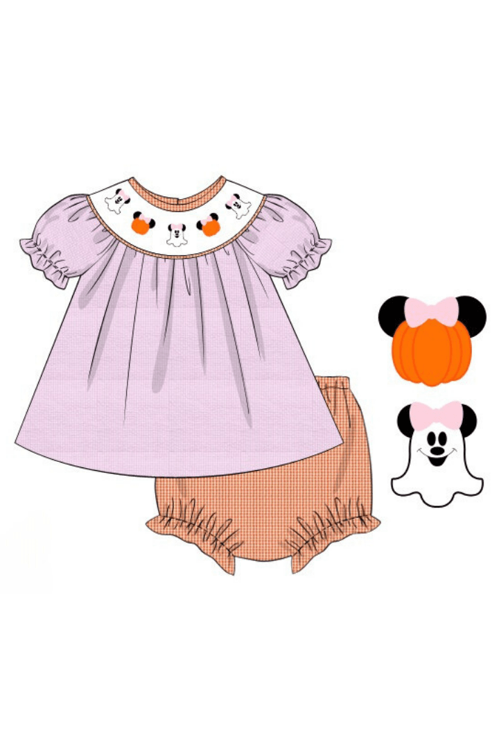 The Smocked Flamingo Apparel & Accessories Pre-Order Smocked Pumpkin Mouse Pink Gingham Bloomer Set