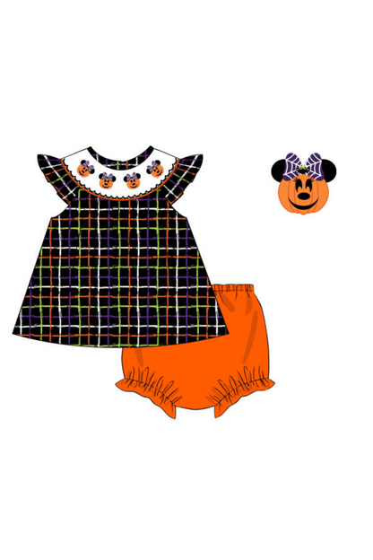The Smocked Flamingo Apparel & Accessories Pre-Order Smocked Pumpkin Mouse Plaid Bishop Bloomer Set