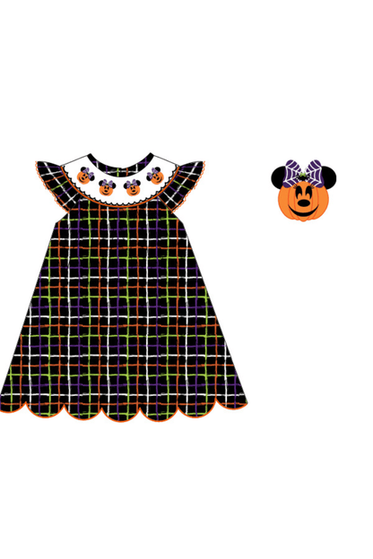 The Smocked Flamingo Apparel & Accessories Pre-Order Smocked Pumpkin Mouse Plaid Bishop Dress