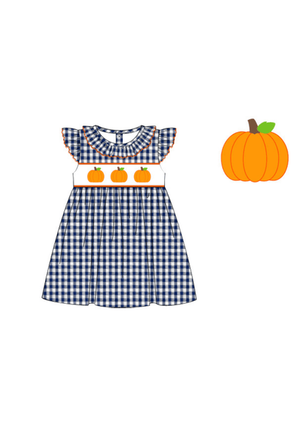 The Smocked Flamingo Apparel & Accessories Pre-Order Smocked Pumpkin Navy Seersucker Dress