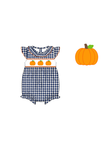 The Smocked Flamingo Apparel & Accessories Pre-Order Smocked Pumpkin Navy Seersucker Ruffle Bubble