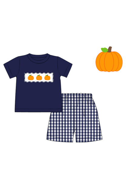 The Smocked Flamingo Apparel & Accessories Pre-Order Smocked Pumpkin Navy Seersucker Short Set