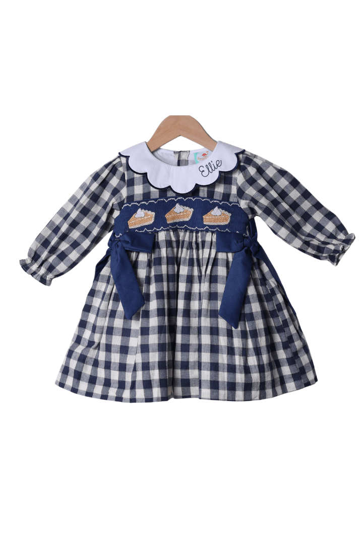 The Smocked Flamingo Apparel & Accessories Pre-Order Smocked Pumpkin Pie Navy Linen Gingham Bow Dress