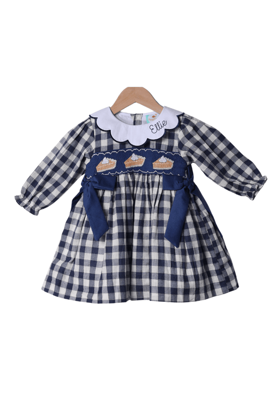 The Smocked Flamingo Apparel & Accessories Pre-Order Smocked Pumpkin Pie Navy Linen Gingham Bow Dress