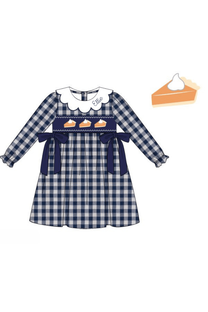 The Smocked Flamingo Apparel & Accessories Pre-Order Smocked Pumpkin Pie Navy Linen Gingham Bow Dress