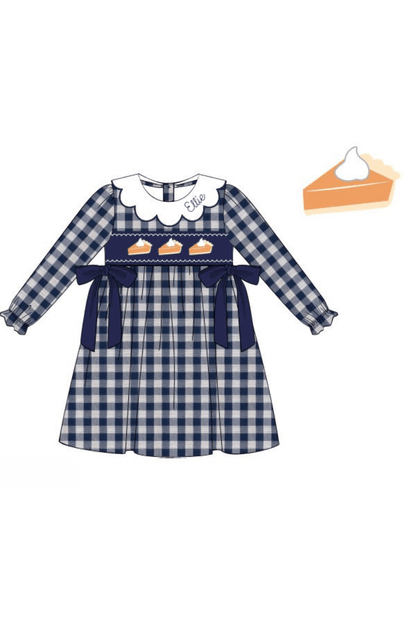 The Smocked Flamingo Apparel & Accessories Pre-Order Smocked Pumpkin Pie Navy Linen Gingham Bow Dress