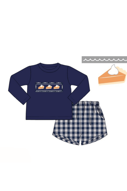 The Smocked Flamingo Apparel & Accessories Pre-Order Smocked Pumpkin Pie Navy Linen Gingham Short Set