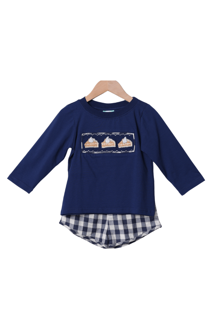 The Smocked Flamingo Apparel & Accessories Pre-Order Smocked Pumpkin Pie Navy Linen Gingham Short Set
