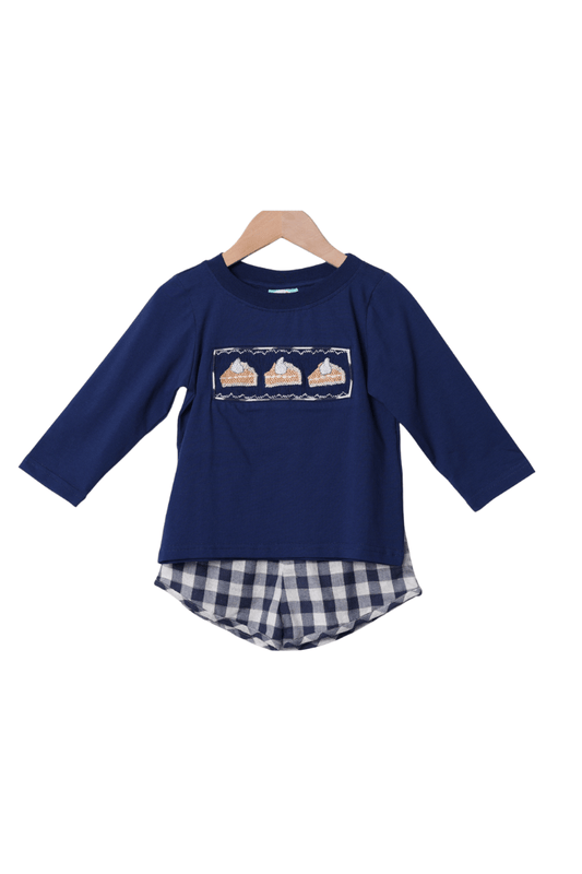 The Smocked Flamingo Apparel & Accessories Pre-Order Smocked Pumpkin Pie Navy Linen Gingham Short Set