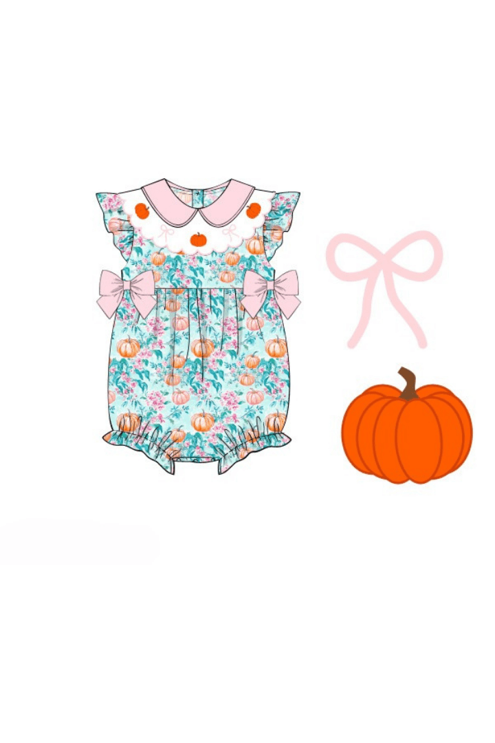 The Smocked Flamingo Apparel & Accessories Pre-Order Smocked Pumpkin Turquoise Bow Bubble