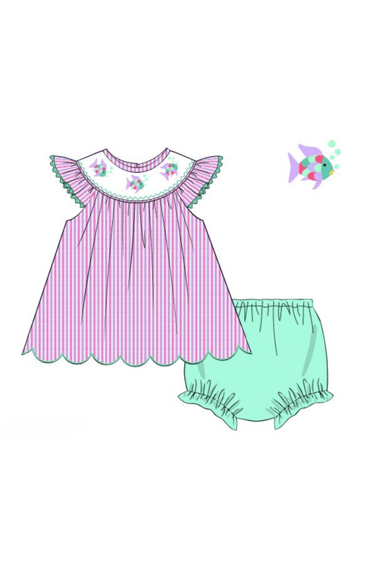 The Smocked Flamingo Apparel & Accessories Pre-Order Smocked Rainbow Fish Pink/Lavender Seersucker Bloomer Set