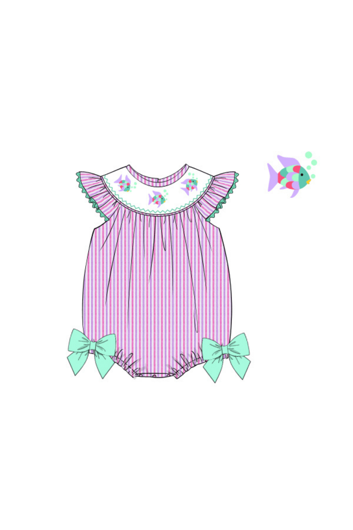 The Smocked Flamingo Apparel & Accessories Pre-Order Smocked Rainbow Fish Pink/Lavender Seersucker Bubble