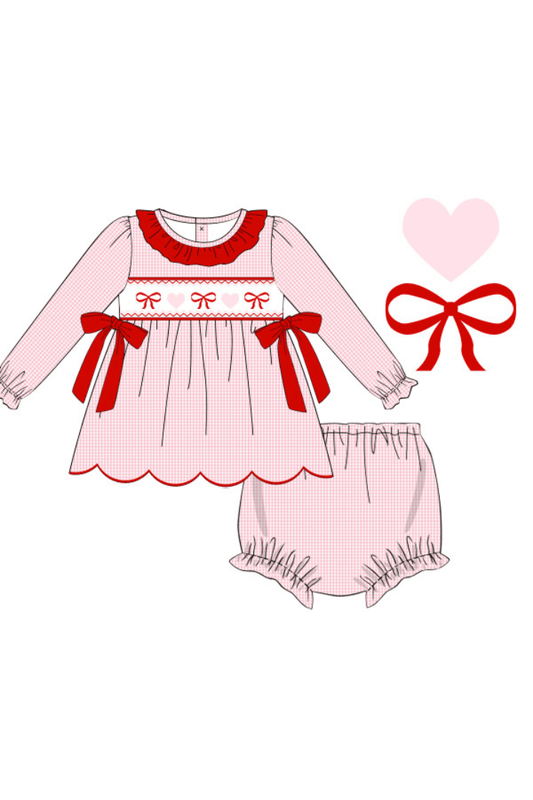 The Smocked Flamingo Apparel & Accessories Pre-Order Smocked Red Bow Pink Gingham Bloomer Set