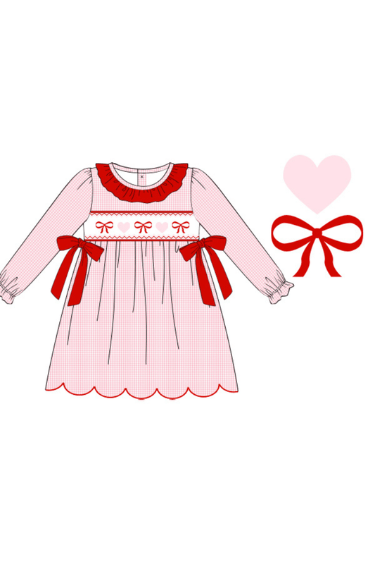 The Smocked Flamingo Apparel & Accessories Pre-Order Smocked Red Bow Pink Gingham Scalloped Dress