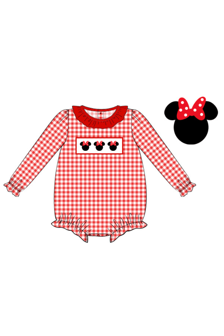 The Smocked Flamingo Apparel & Accessories Pre-Order Smocked Red Gingham Mouse Ruffle Bubble