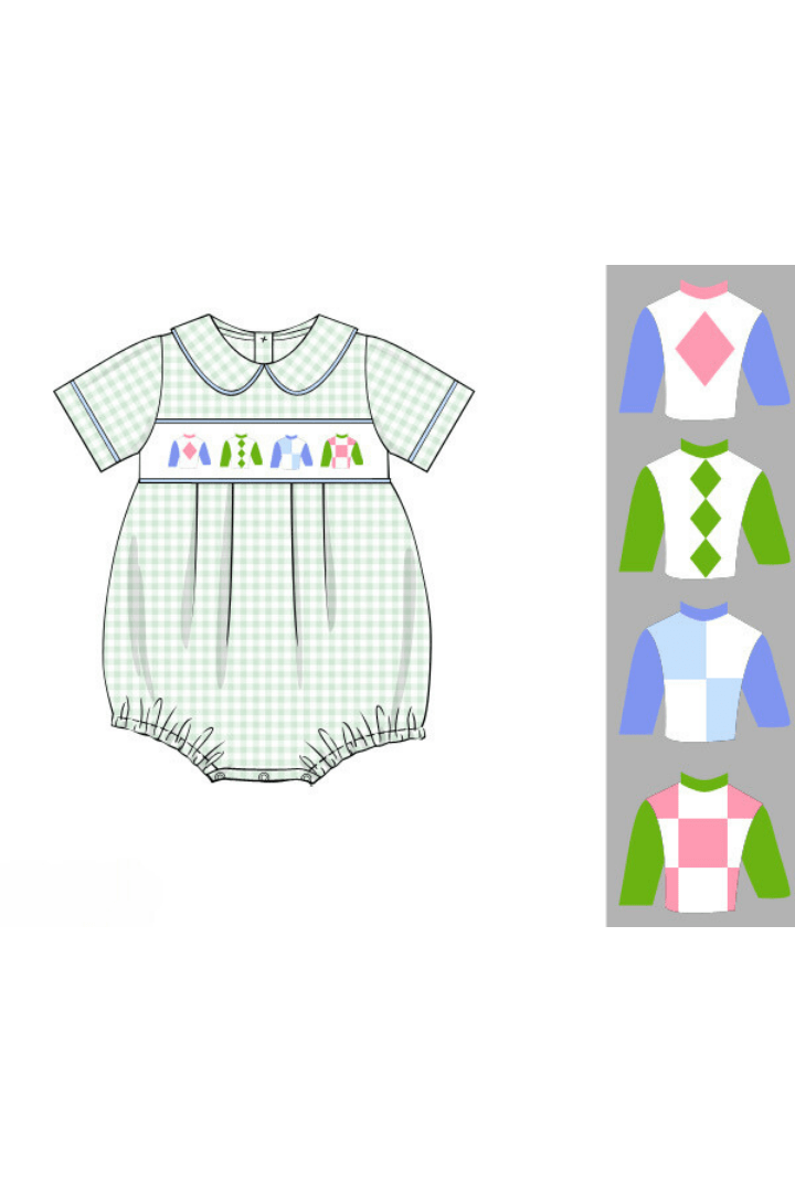 The Smocked Flamingo Apparel & Accessories Pre-Order Smocked Sage Gingham Jockey Silks Bubble