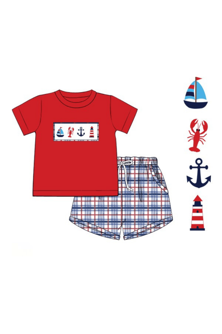 The Smocked Flamingo Apparel & Accessories Pre-Order Smocked Sailboat Plaid Short Set