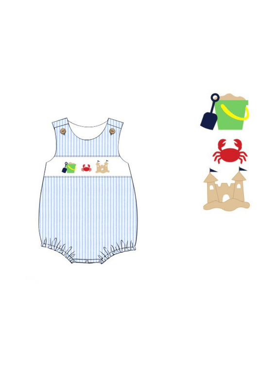 The Smocked Flamingo Apparel & Accessories Pre-Order Smocked Sand Castle Blue Pinstripe Bubble
