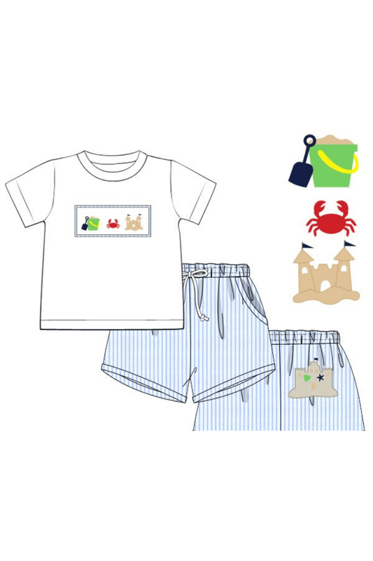 The Smocked Flamingo Apparel & Accessories Pre-Order Smocked Sand Castle Blue Pinstripe Short Set