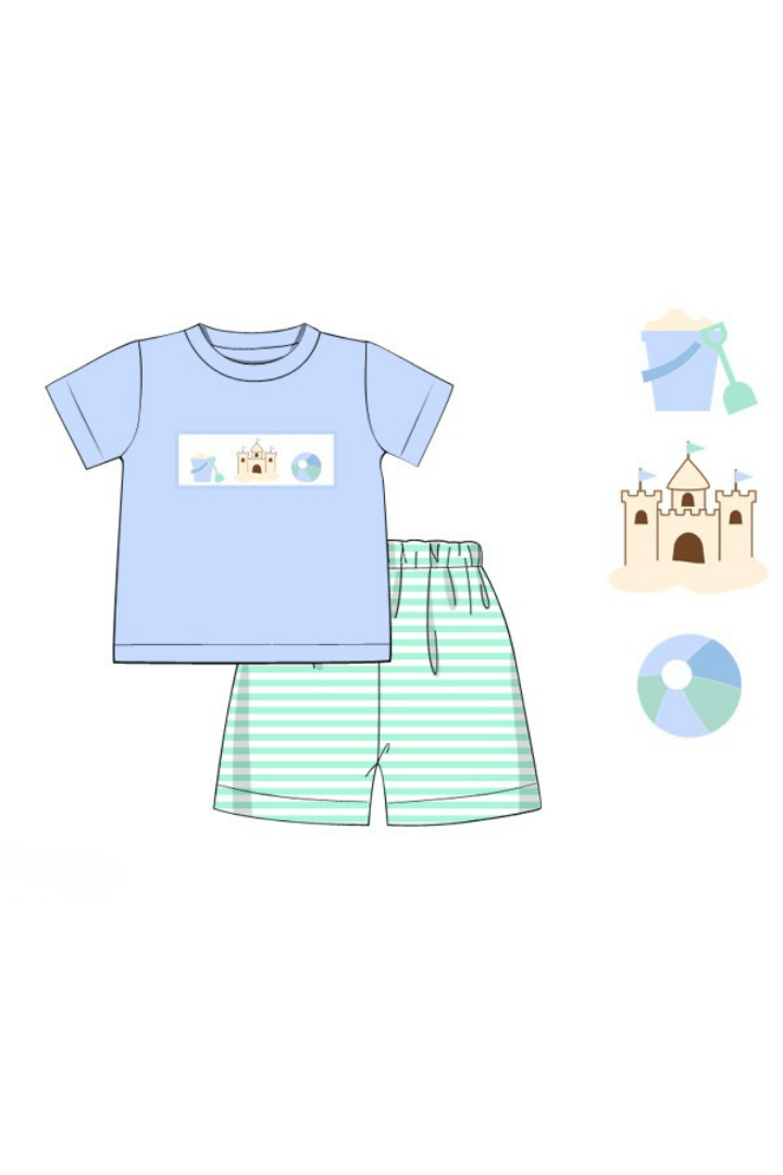 The Smocked Flamingo Apparel & Accessories Pre-Order Smocked Sand Castle Fun Mint/Blue Stripe Short Set