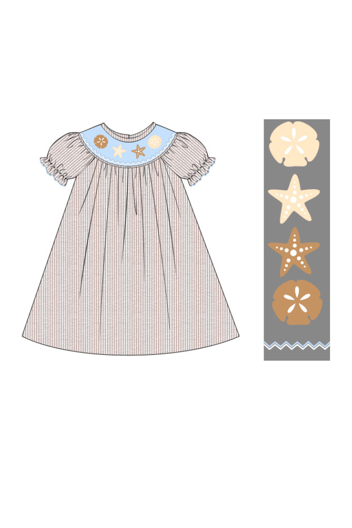 The Smocked Flamingo Apparel & Accessories Pre-Order Smocked Sand Dollar Blue/Khaki Seersucker Dress