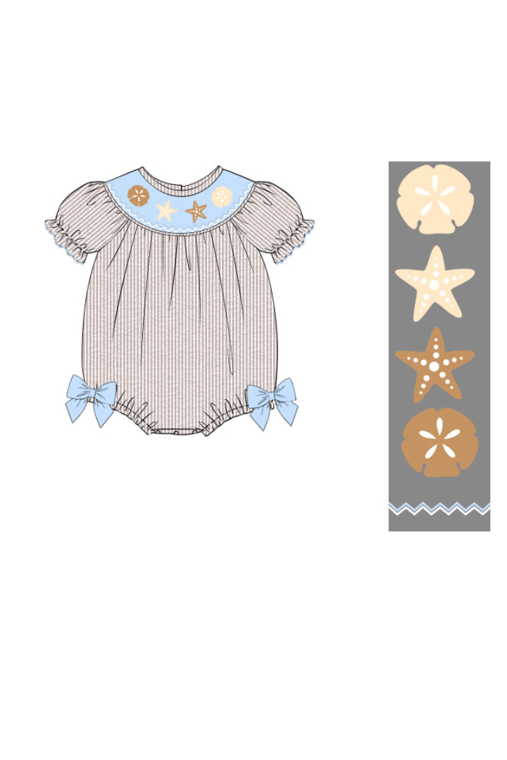 The Smocked Flamingo Apparel & Accessories Pre-Order Smocked Sand Dollar Blue/Khaki Seersucker Dress (Copy)