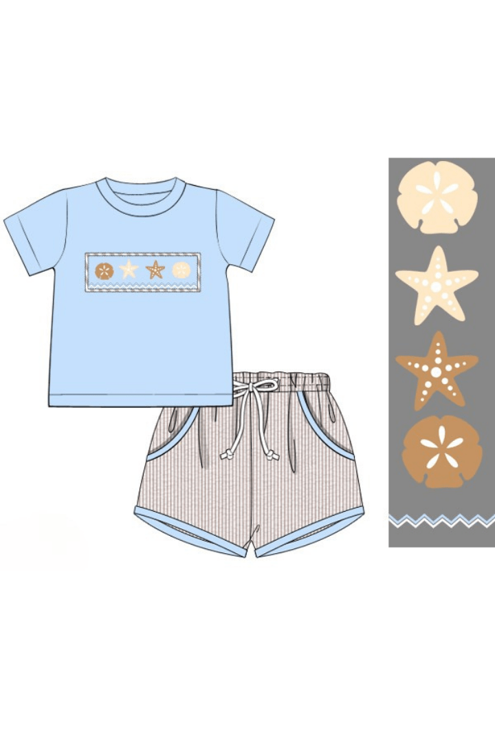 The Smocked Flamingo Apparel & Accessories Pre-Order Smocked Sand Dollar Blue/Khaki Seersucker Short Set