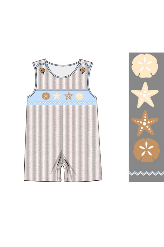 The Smocked Flamingo Apparel & Accessories Pre-Order Smocked Sand Dollar Blue/Starfish Khaki Seersucker Jon Jon