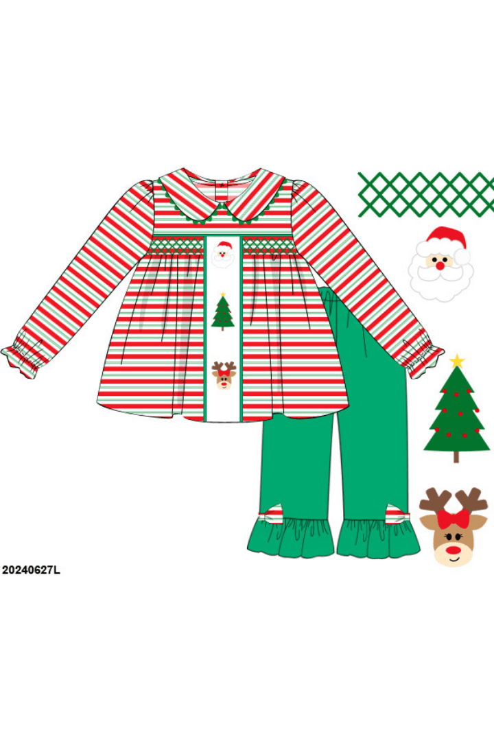 The Smocked Flamingo Apparel & Accessories Pre-Order Smocked Santa Friends Stripe Pant Set