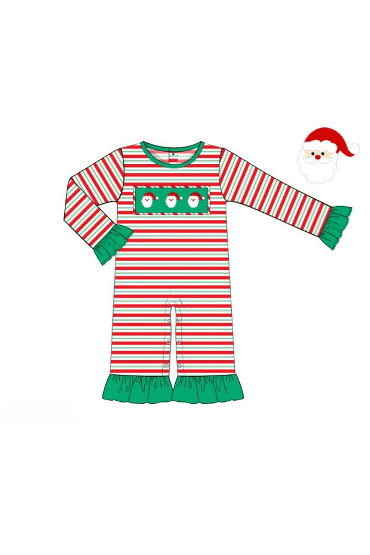The Smocked Flamingo Apparel & Accessories Pre-Order Smocked Santa Green and Red Stipe Ruffle Romper