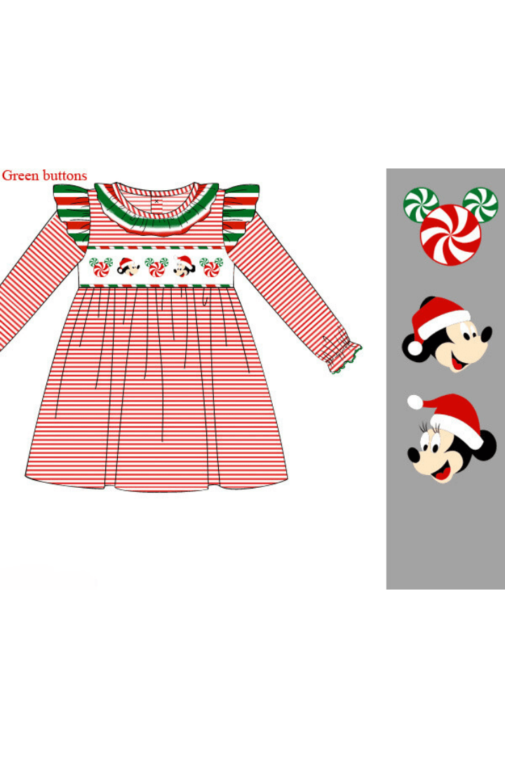 The Smocked Flamingo Apparel & Accessories Pre-Order Smocked Santa Mouse Red Stripe Dress