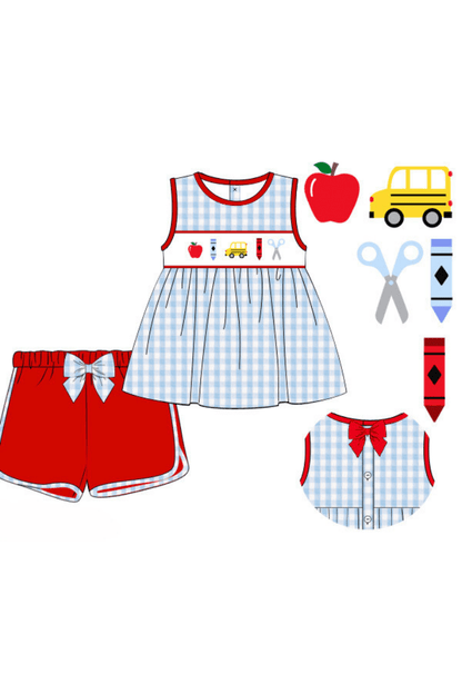 The Smocked Flamingo Apparel & Accessories Pre-Order Smocked School Bus Blue Gingham Short Set