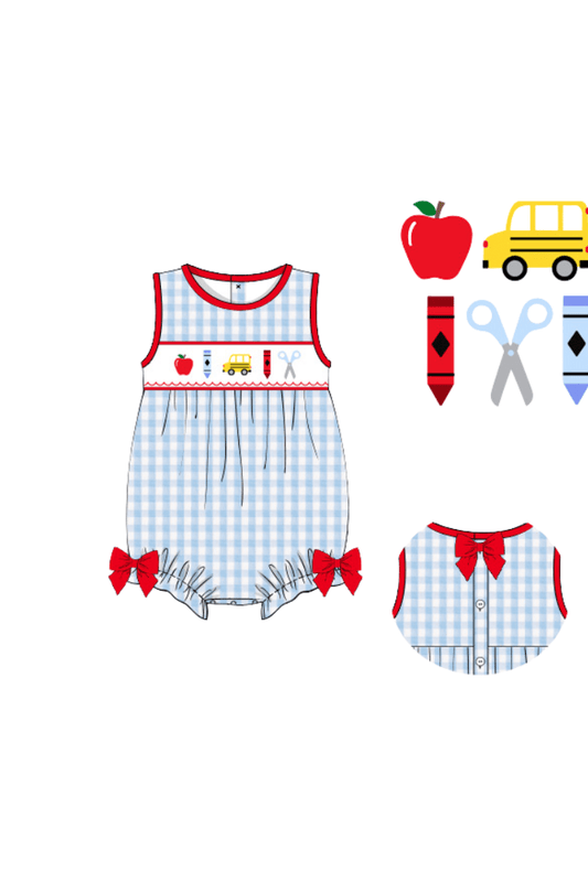 The Smocked Flamingo Apparel & Accessories Pre-Order Smocked School Bus Red/Blue Gingham Seersucker Bow Bubble