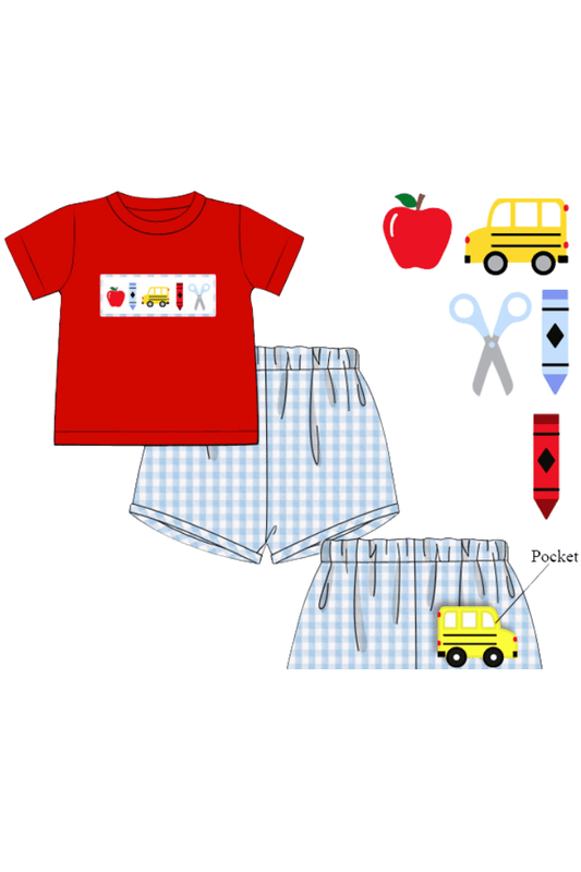 The Smocked Flamingo Apparel & Accessories Pre-Order Smocked School Bus Red/Blue Gingham Seersucker Short Set
