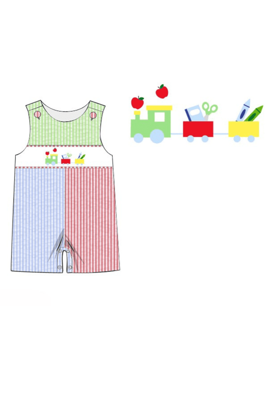 The Smocked Flamingo Apparel & Accessories Pre-Order Smocked School Train Color Block Seersucker Jon Jon